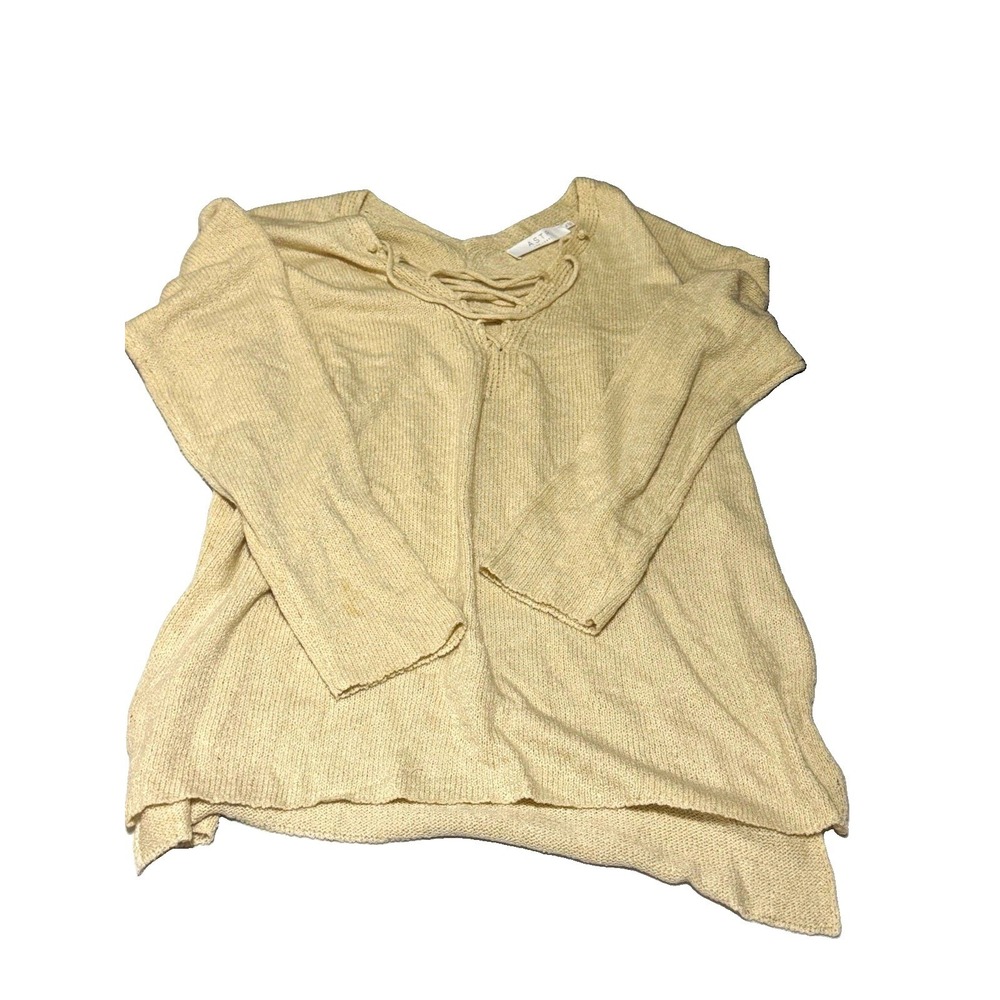 ASTR the Label Women's XL Beige Knit V-Neck Lace-Up Pullover Sweater Solid